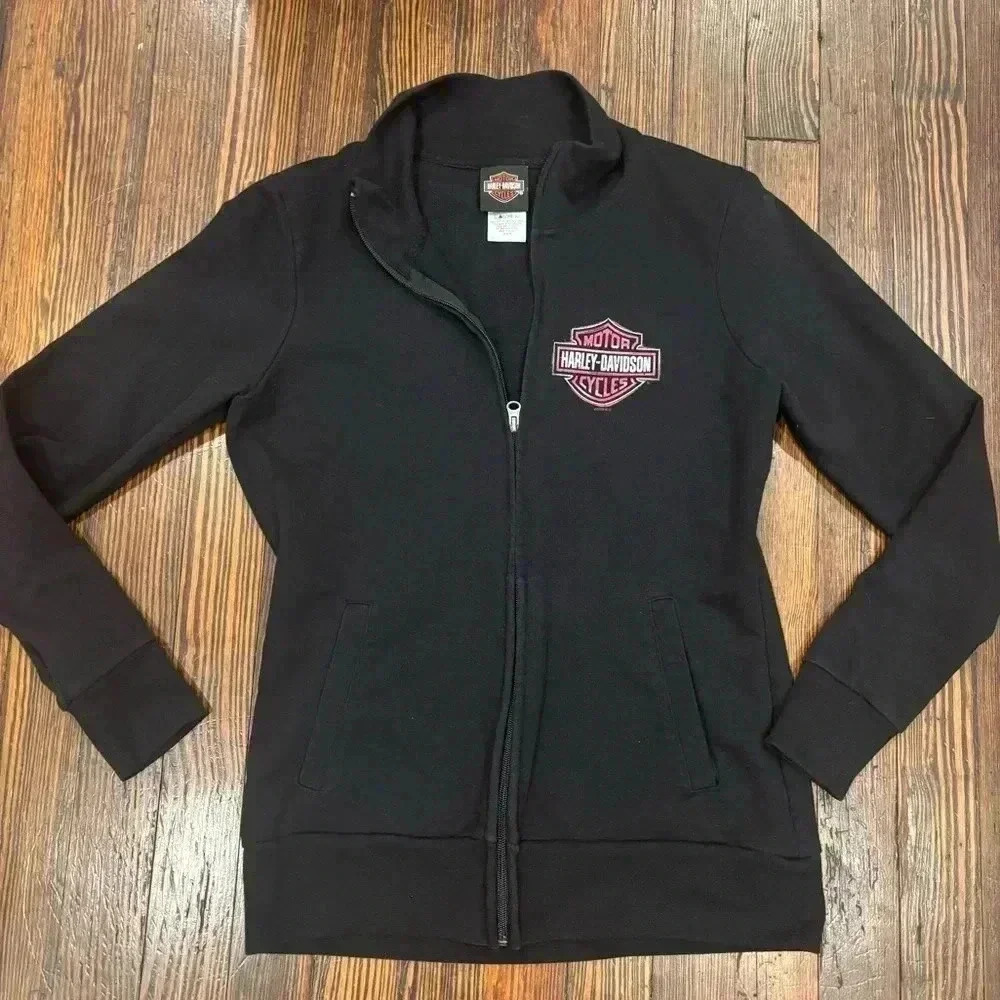 Harley Davidson Womens Black Pink Logo Zip Up Sweatshirt Sz M Angel Wings Corset